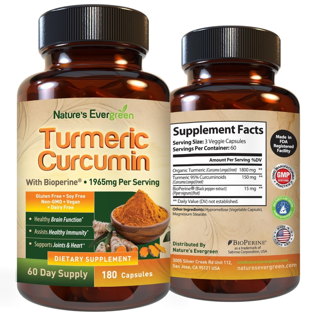 Turmeric curcumin med svart pepper ekstrakt (bioperin) og organisk gurkemeie Vegansk felles støtte Supplement. Ekstrakt 95% Curcuminoids 1965mg Supplement for sunne ledder og immunforsvar. 180 Kapsler