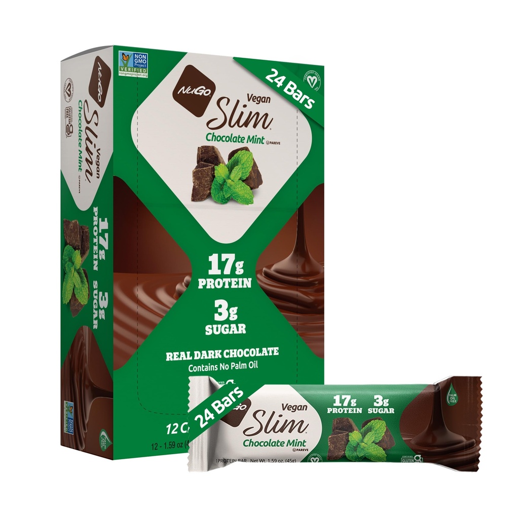 Nugo Slim Mørk Sjokolade Mint, 18g Vegansk Protein, 3g Sukker, 6g Fiber, Lavnettskolhydrat, Keto vennlig, Glutenfri, 24 greve