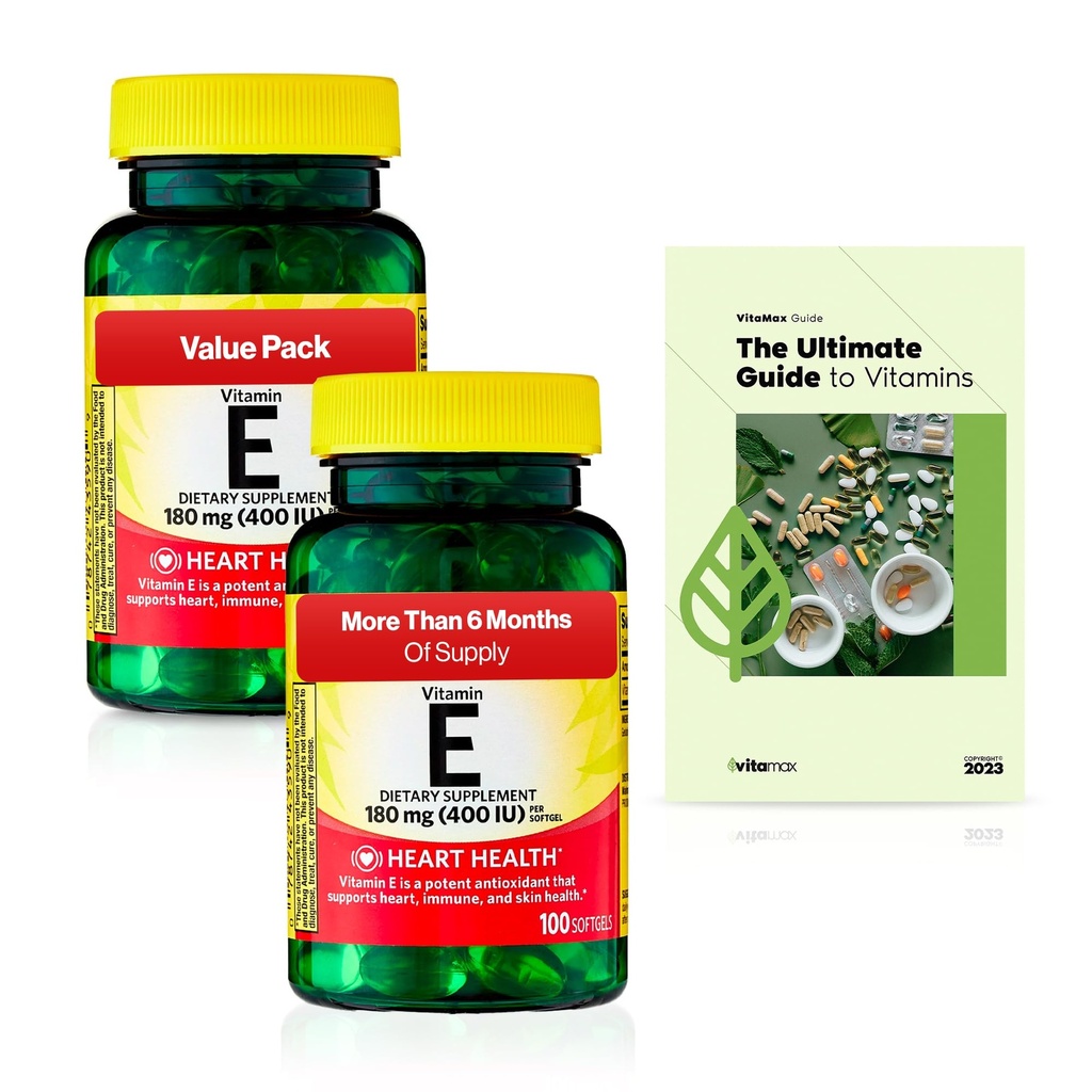 Spring Valley vitamin E hjerte helse kosttilskudd Softgels, 180 mg (400 IE), 200 greve, 2-pakke + eksklusive VitaMax vitamin guide (3 elementer)