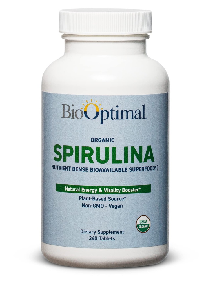 BioOptimal Organic Spirulina Tabletter - Økologiske, Ikke-GMO, Ingen Additiver eller Fyllstoffer - 500 mg Premium kvalitet kosttilskudd med vitaminer, mineraler, og antioksidanter (240 tabletter)