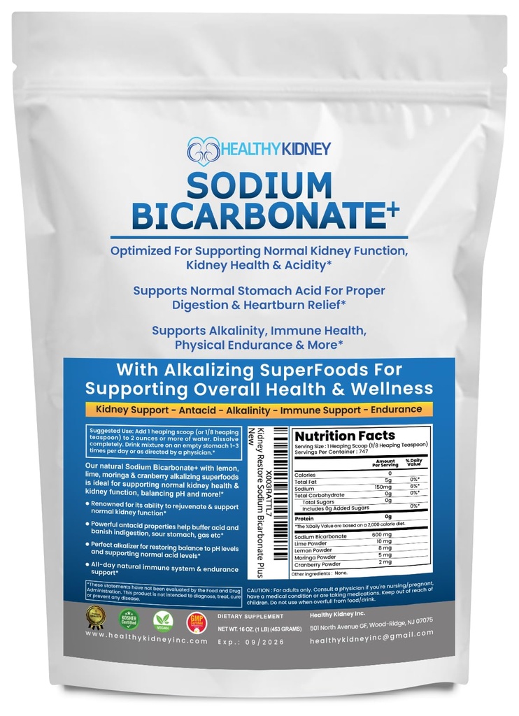 Økologisk bruk Natrium Bikarbonat Alkalin Supplement for alkalinitet. Støtte nyre og magesyre nøytralizer w/Alkaline Superfoods. Natriumbikarbonat pulver Nyre immunstøtte Antacid Sports 1LB