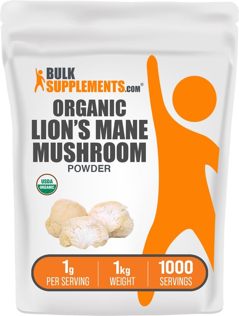 BulkSupplements.com Organic Lions Mane Mushroom Powder - Lions Mane Powder, Mushroom Supplement - Vegansk & Glutenfri, 1g per servering, 1kg (2,2 lbs) (Pack of 1)