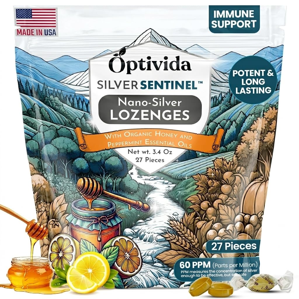 OPTIVIDA Helsekolloidalt sølv Lozenges med honning og sitronolje (1 pakke) - Soothing Sore Throat Lozenges for voksne med Cough Relief & Fast-Active Nano Silver Formula for immunstøtte, 60 pm
