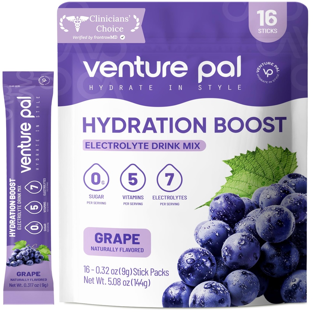 Venture Pal Sukker Gratis Elektrolyte pulver pakker - flytende daglig IV drikke blanding for rask hydrasjon og fest utvinning | 5 vitaminer og 7 elektrolyter | keto vennlig | Ikke-GMO | Certified Vegansk | 16 Sticks