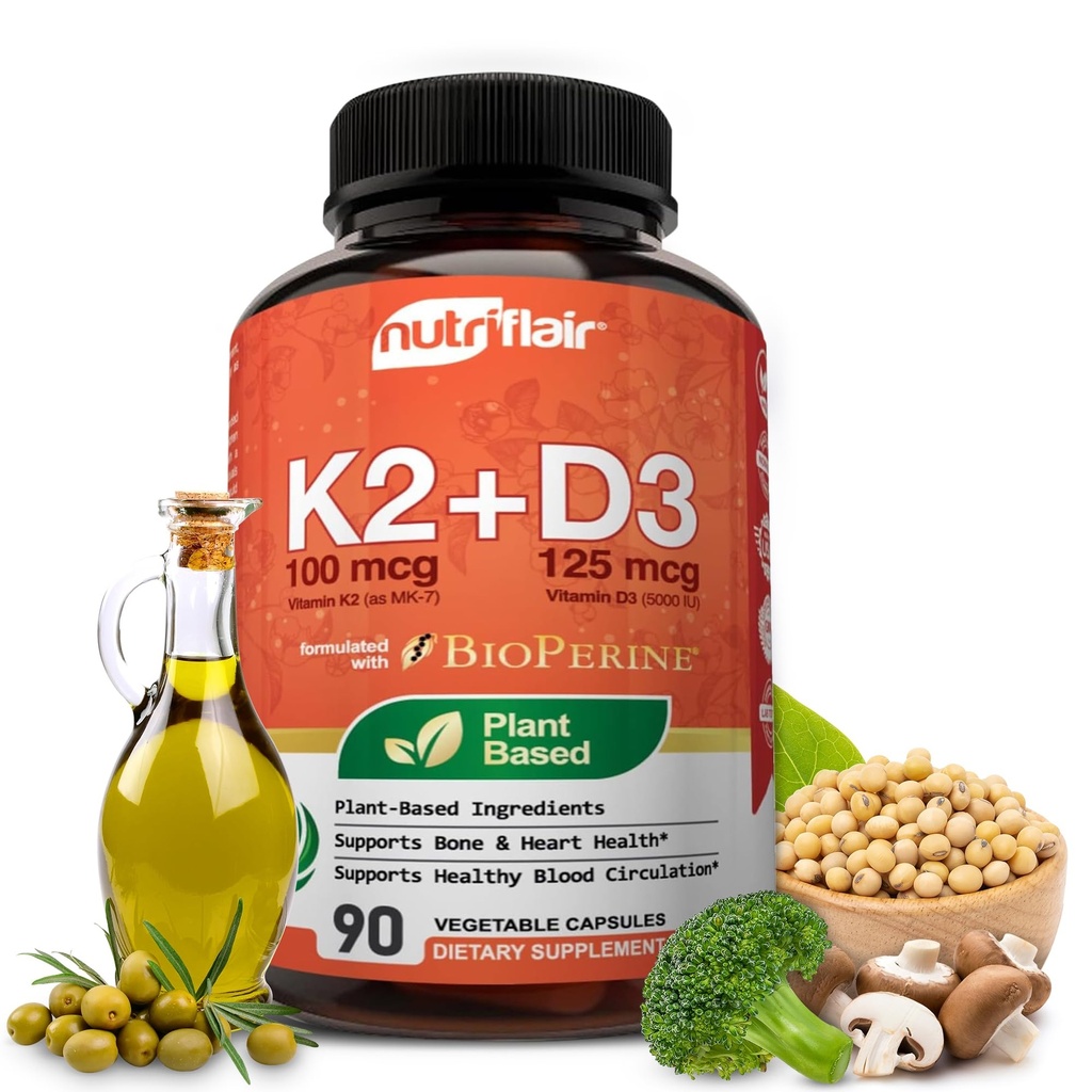 NutriFlair Vitaminer D3 (5000iu/125mcg) + K2 (som Mk7) - laget med plantebaserte ingredienser Plus BioPerine Black Pepper Extract, 90 kapsler - støtter sunn immun, hjerte og helse - Ikke-GMO piller
