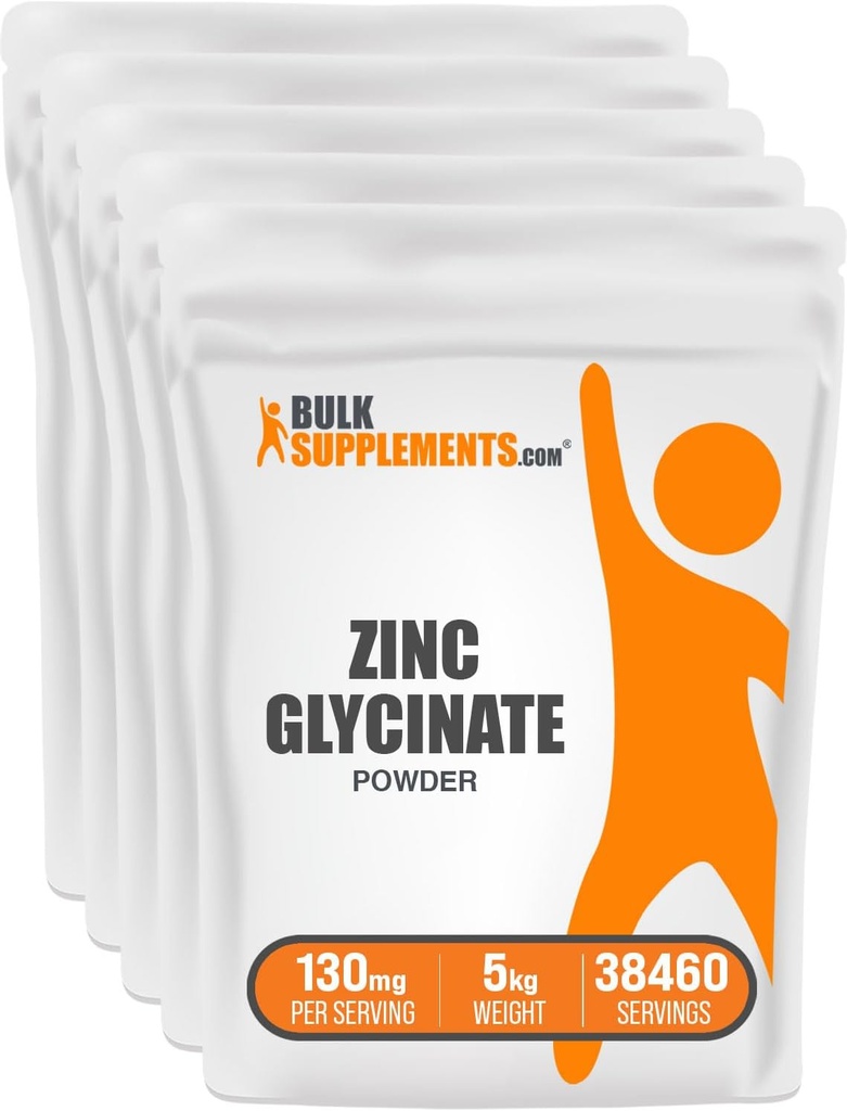 BulkSupplements.com Zink Glyonat pulver - Sink Supplement, Mineral Supplement for immunstøtte - Glutenfri, 130 mg per servering, 5kg (11 lbs) (pakke av 5)