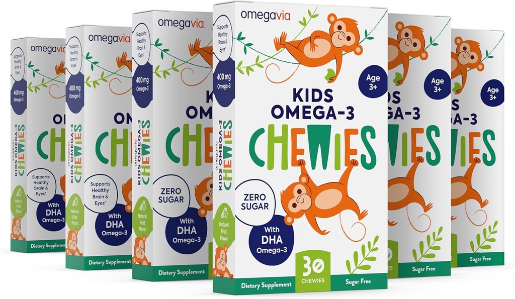 Omega 3 Gummier - Ultra-høy DHA Chewable Gel Gummy - for barn støtter hjerne og øye helse - sukker-fri naturlig frukt flavor - barn Omega 3 Fish Oil Gummies (6 pakke)