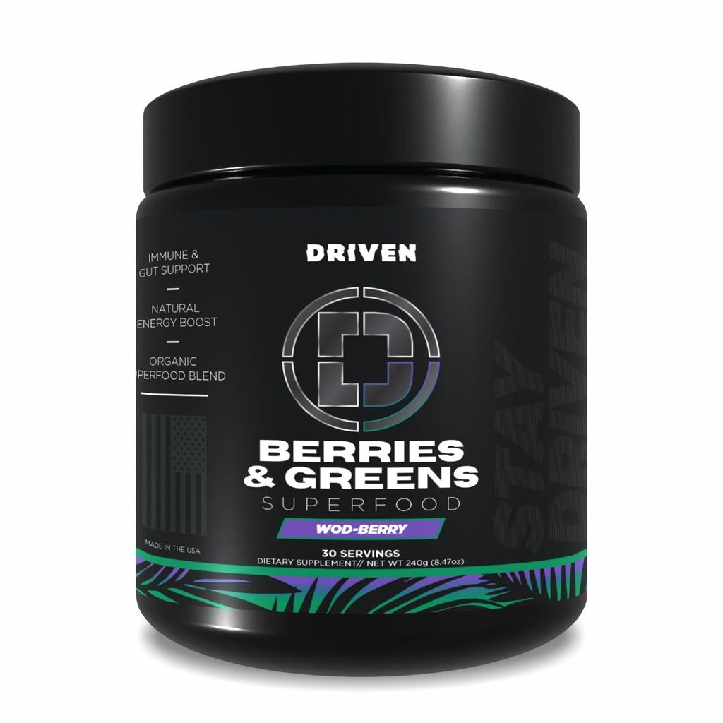 Driven B&G Berries & Greens Superfood Powder, 30 Serveringer - Organisk plantebasert formel med probiotika og digestive enzymer - Støtter gjenoppretting, sunn digestion og immunfunksjon