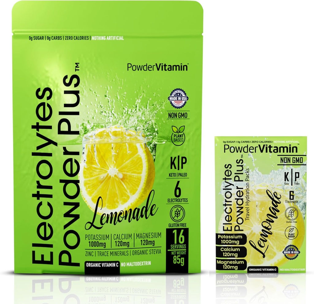 PowderVitamin Electrolytes Powder Plus, keto, sitronade, sukkerfri, rosa Himalayan salt, 1000 mg kalium, 120 mg kalsium, 120 mg magnesium, ikke-GMO, null kalorier, (16 Hydration Packets)