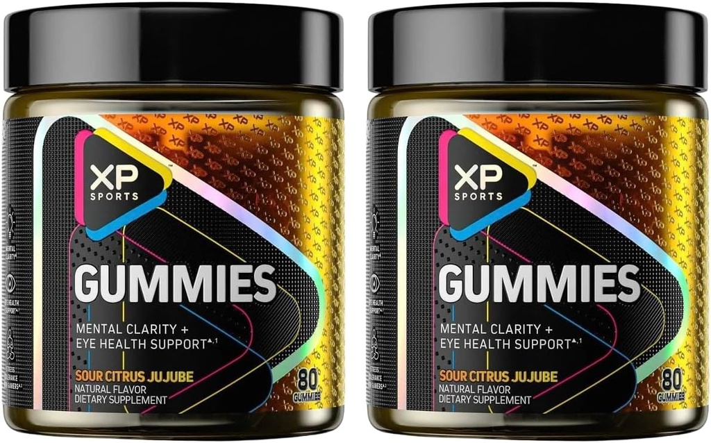 Performance Sports Gummies - Mental klarhet og øye helsestøtte, Sour Citrus Jujube Flavor, Kognitiv fokus og visjon Care Supplement, 80 Gummies (pakke på 2) 160 Total Gummies- 40 Services