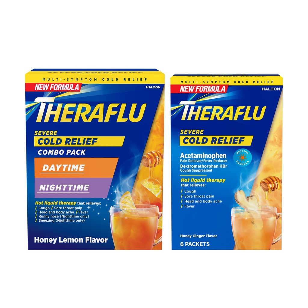Theraflu alvorlig kald relief varm flytende pulver Combo: 12ct dagtid / natttid honning sitronflavor + 6ct dagtid honning Ginger Flavor