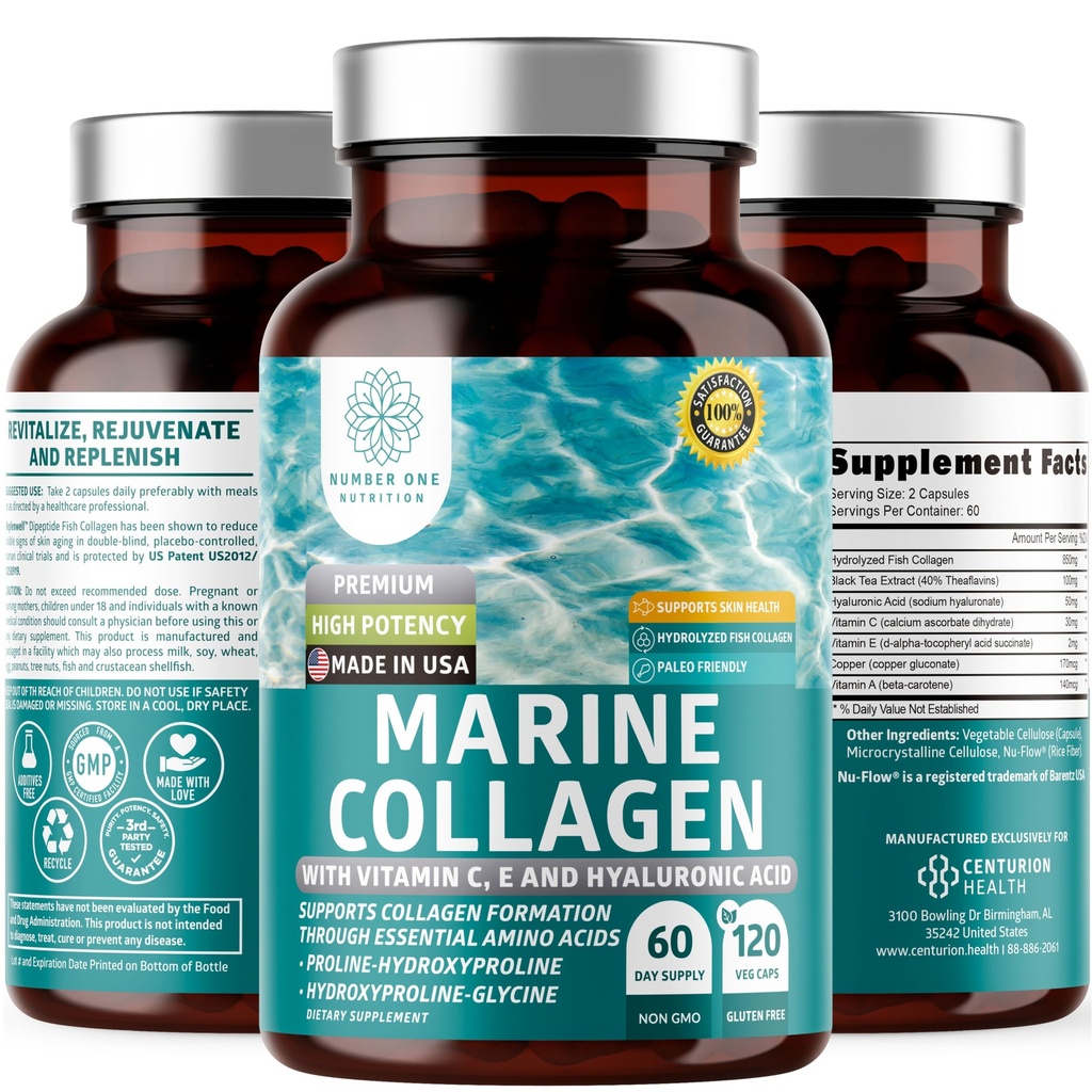 Premium Marine Collage Dipeptider med hyaluronsyre, vitamin C, teaflavin og kobber, kollagen Supplement for kvinner og menn for strålende hud, hår og negler, Glutenfri og ikke-GMO, 120 Veg Caps