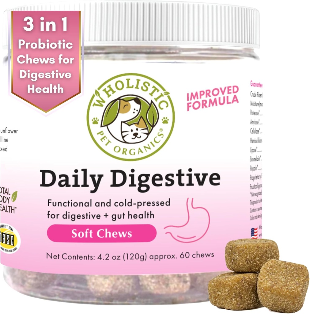 Wholistic Pet Organics: Probiotic Chews for hunder Digestive Helse - 60 Greve - Hundeprobiotika og Digestive Enzymes - Støtte Gut helse Immunsupplement hindrer hund Digestive problemer