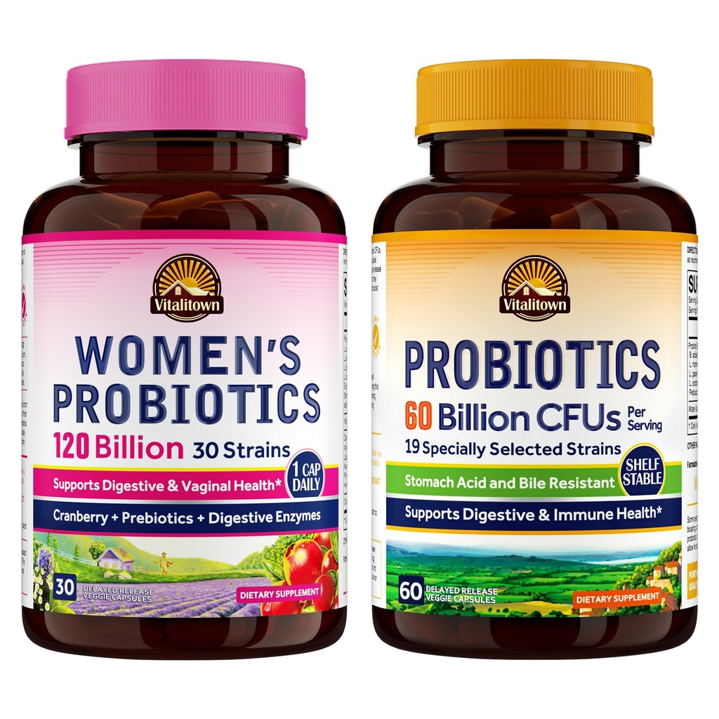 Vitalitown Probiotic Bundle (Pack of 2) | Kvinners probiotika 120 milliarder (Item 1) & Probiotika 60 milliarder (Item 2)