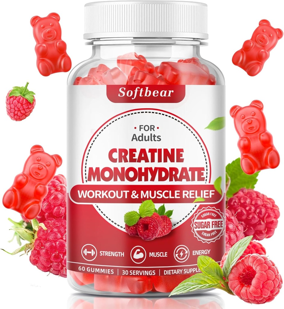 mykbear kreatin Monohydrat Gummier for menn kvinner, Vegansk kreatin Supplement 5000mg kreatin HCL pre trening gummier for muskelbuilder styrke bringebær flavor 60 greve