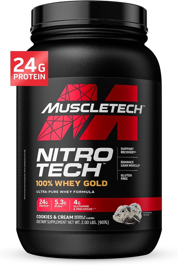 MuscleTech Whey Protein Powder , Nitro-Tech Whey Gold Protein Powder , Whey Protein Isolate Smoothie Mix , Protein Powder for kvinner og menn , informasjonskapsler og krem, 2 lb (28 Serveringer) - pakken kan variere