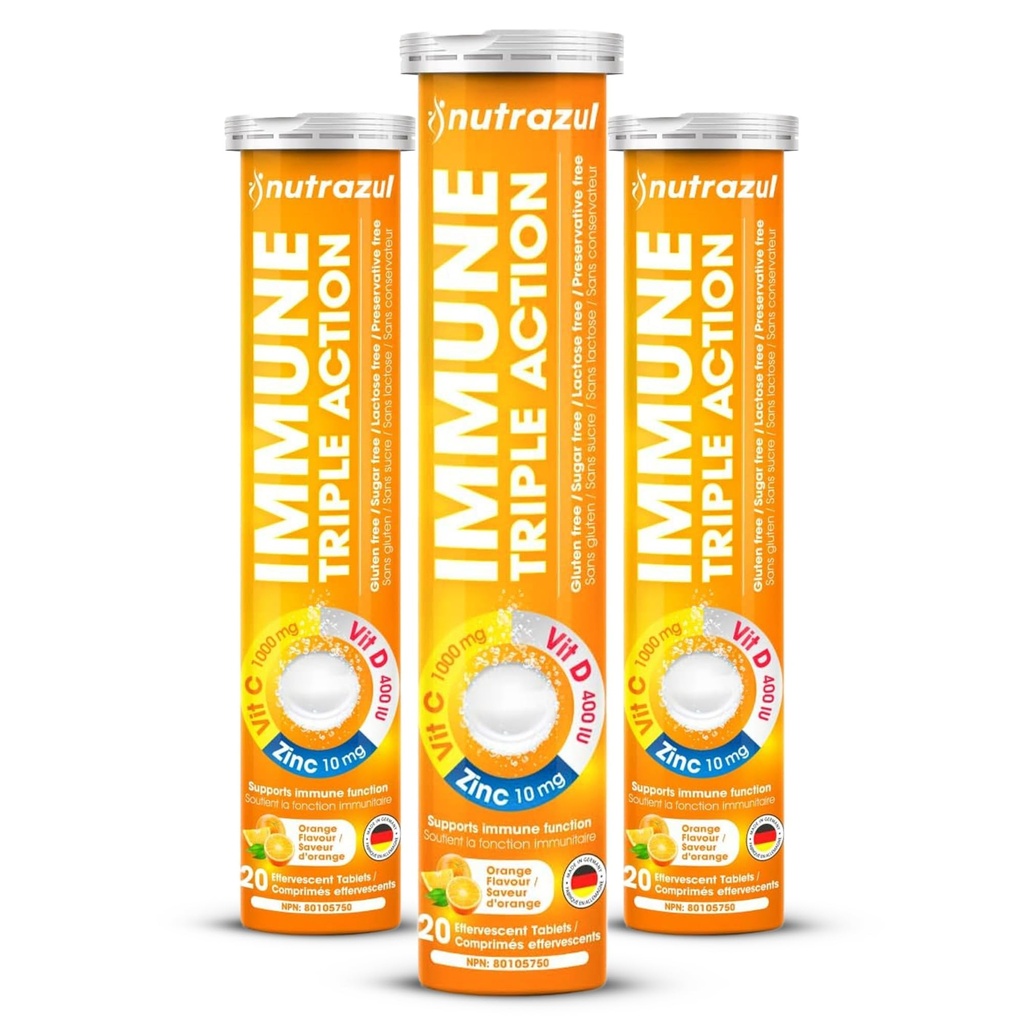 nutterazul Immune Triple Action Effervescent Tabletter med vitamin C 1000mg, vitamin D, sink, støtte daglig rutine, glutenfri, sukkerfri, galaktosefri, oransjeflavor, 20 tabletter, (pakke med 3)