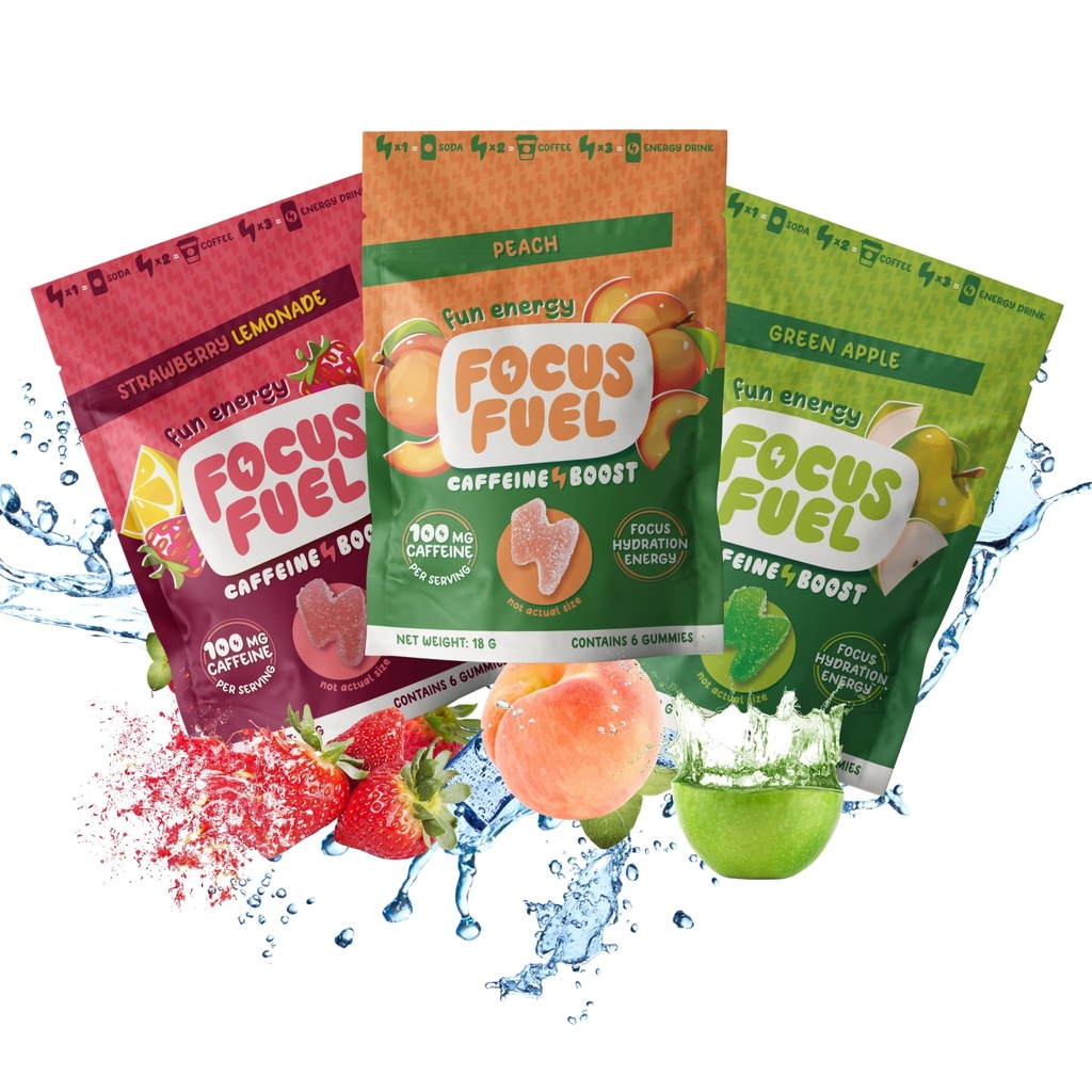 FocusFuel Energi Chews – Prøvestørrelse Variety prøvepakke (9 serveringer) – 100 mg koffein + Alpha GPC + L-Theanine + B12, Magnesium – Peach, Grønn Apple, Strawberry Lemonade Flavors – Ingen Crash eller Jitters