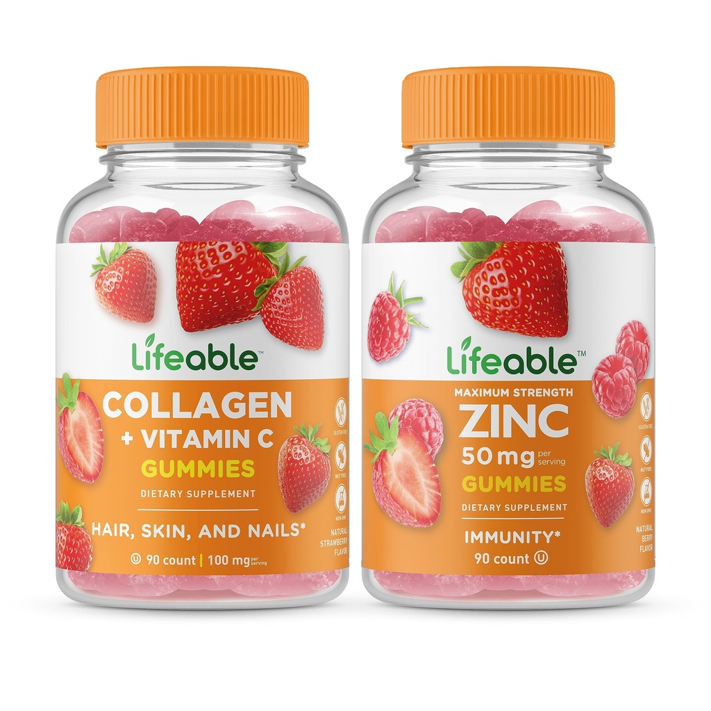Livlig kollagen og vitamin C + sink 50mg, Gummies Bundle - Great Tasting, vitamin Supplement, Glutenfri, GMO Gratis, Chewable Gummy