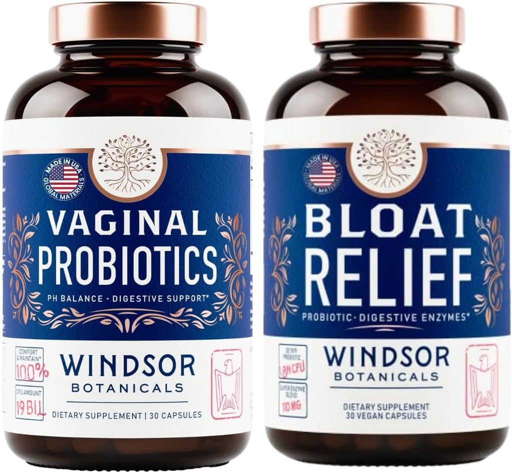 WINDSOR BOTANICALS Bloat Relief Probiotic med enzymer og Vaginal Probiotika - Digestive og Vaginal Helse Bundle
