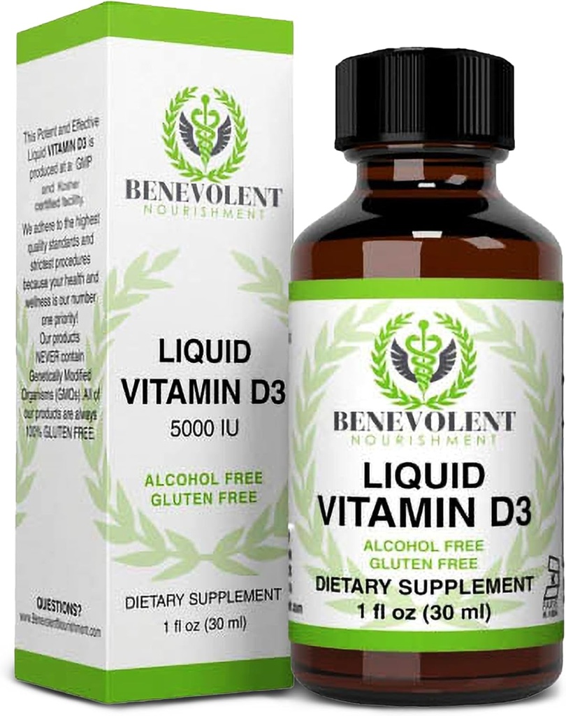 Benevolent fortæring vitamin D3 slippe 5000 IU - Potent og effektiv 1000 IU per dråpe - rask absorberende flytende kosttilskudd - 100% alkohol og glutenfri