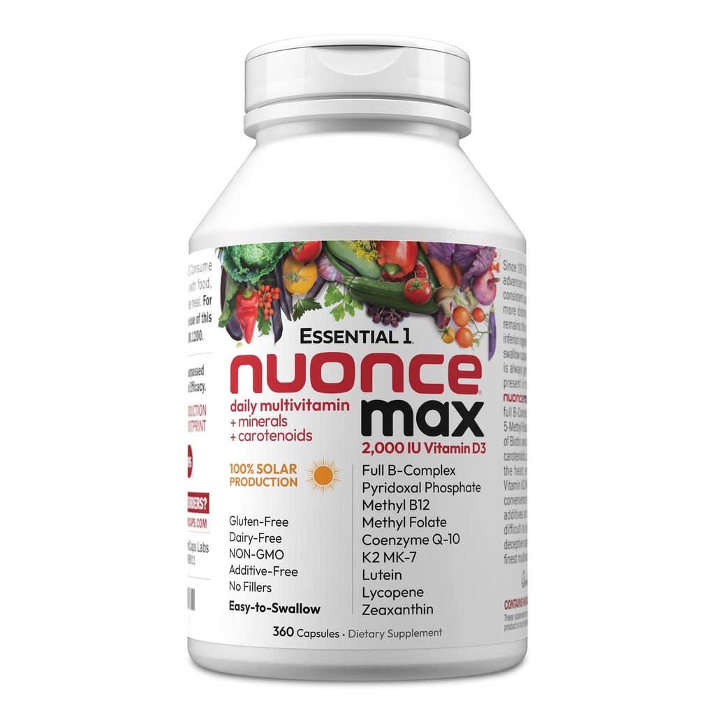 ANDREW LESSMAN Essential-1 nuonce max Multivitamin 2000 IU Vitamin D3 360 Små kapsler. 100 mikrog Metyl B12. CoQ10 Lutein Lycopen Zeaxanthin. Høy styrke. Ingen additiver. Ultra-Mild En daglig kapsel
