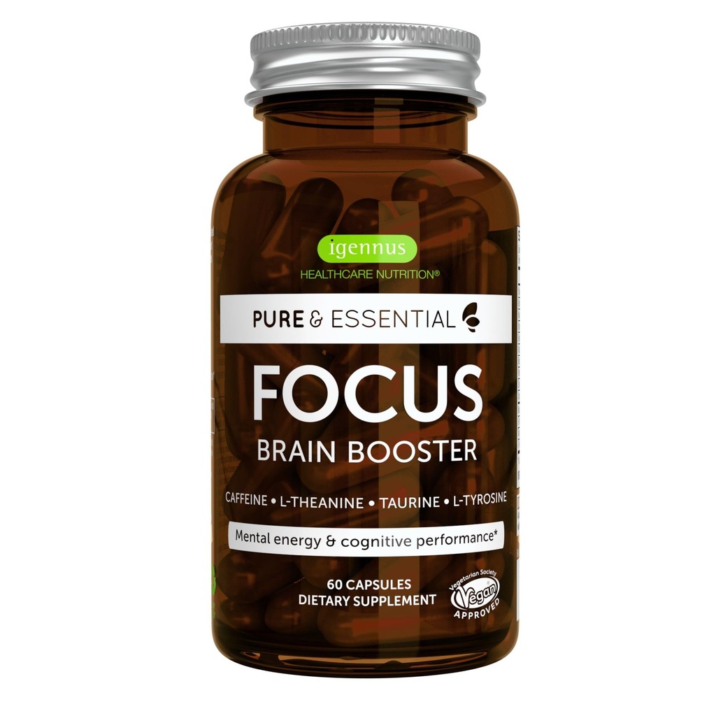 Igenus Focus - Nootropic med 200 mg naturlig koffein, metylerte B-vitaminer, L-theanin, Taurin, L-tyrosin, ren energi, hjerneforsterkning og kognitiv ytelse, ikke-jitteri, 60 kapsler
