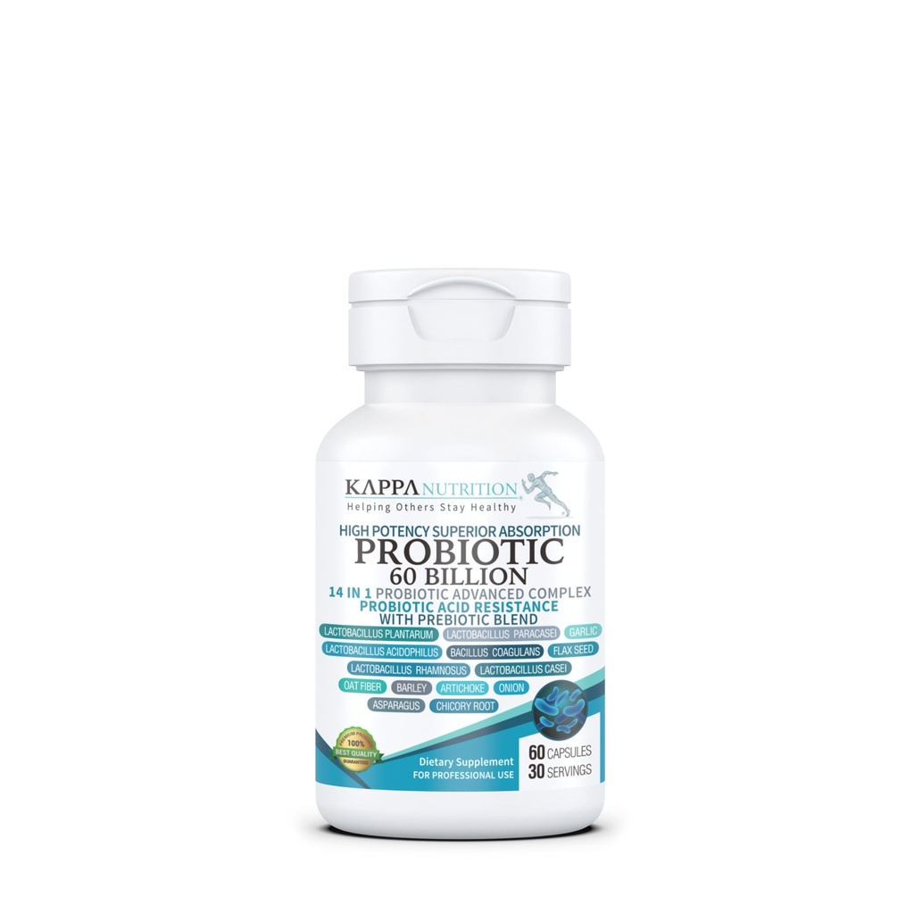 KAPPA NUTRITION Probiotic 60 milliarder CFU 14 i 1 formel med prebiotika og syrefilis for kvinner, menn og voksne, hyllestabil, syreresistens, naturlige supplement 60 kapsler.