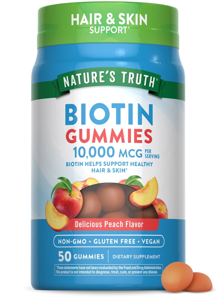 Naturens Sannhet Biotin Gummies | 10000mcg | 50 greve | Vegansk, ikke-GMO & Glutenfri Supplement | Peach Flavor