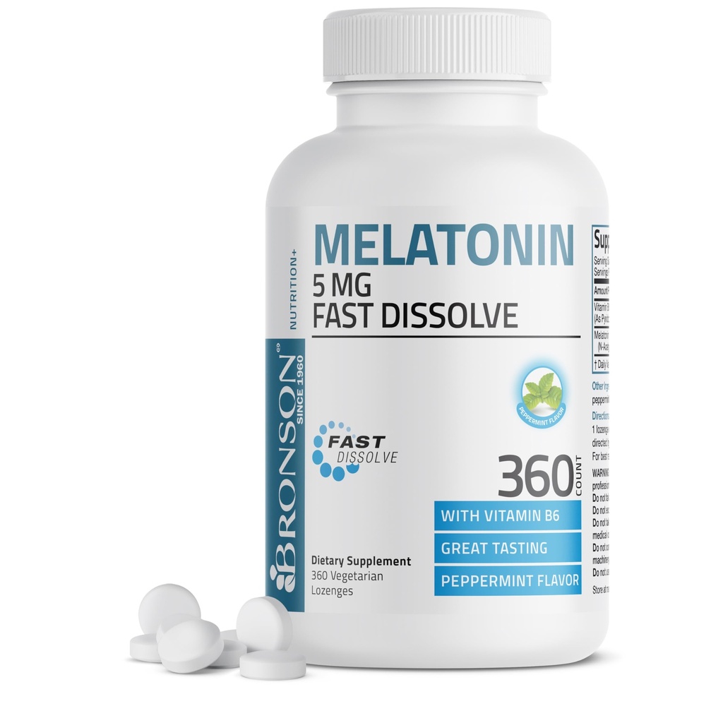 Bronson Melatonin 5 mg Fast Oppløse Peppermynte Tabletter med vitamin B6 - fremmer avslapping, 360 vegetarisk Chewable Lozenges