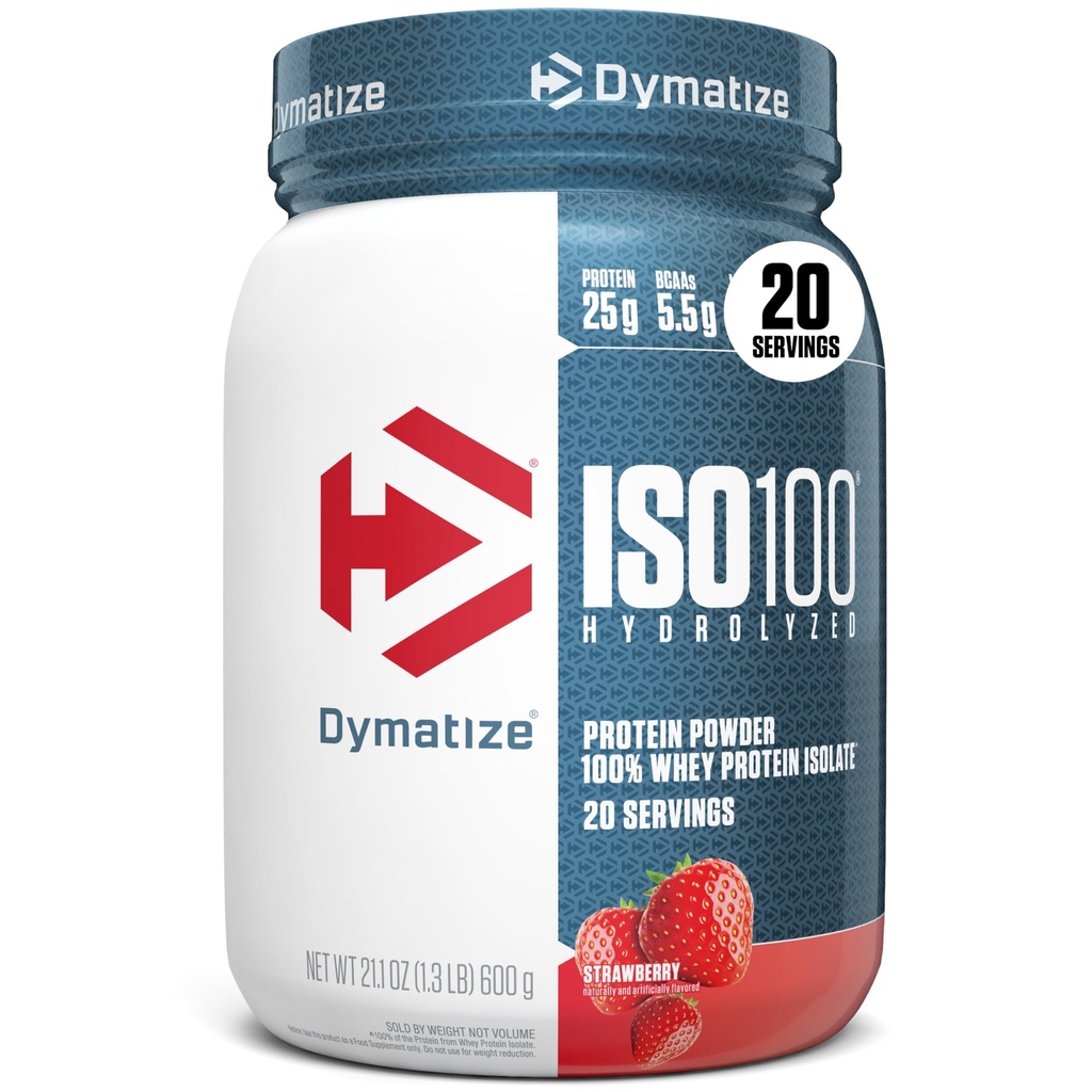 Dymatize ISO100 Whey Protein pulver isolat, Jordbær, 25 g protein, 5,5 g BCAA, mindre enn 120 kal., Glutenfri, 1g fett, 1g sukker, 2g karbohydrat (20 porsjoner)