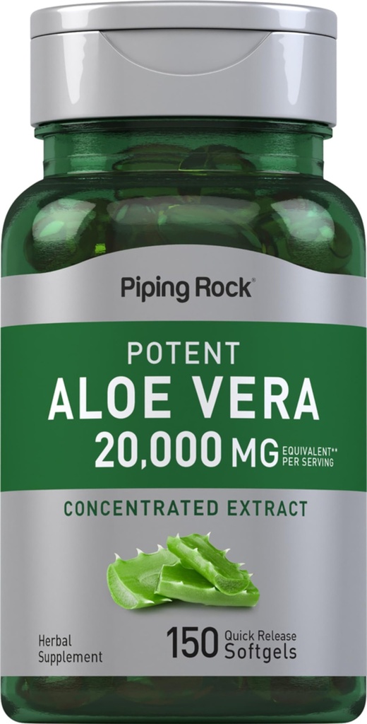 Piping Rock Aloe Vera Capsules 20000mg | 150 Softgels | Konsentrert ekstrakt Supplement | Ikke-GMO, Glutenfri