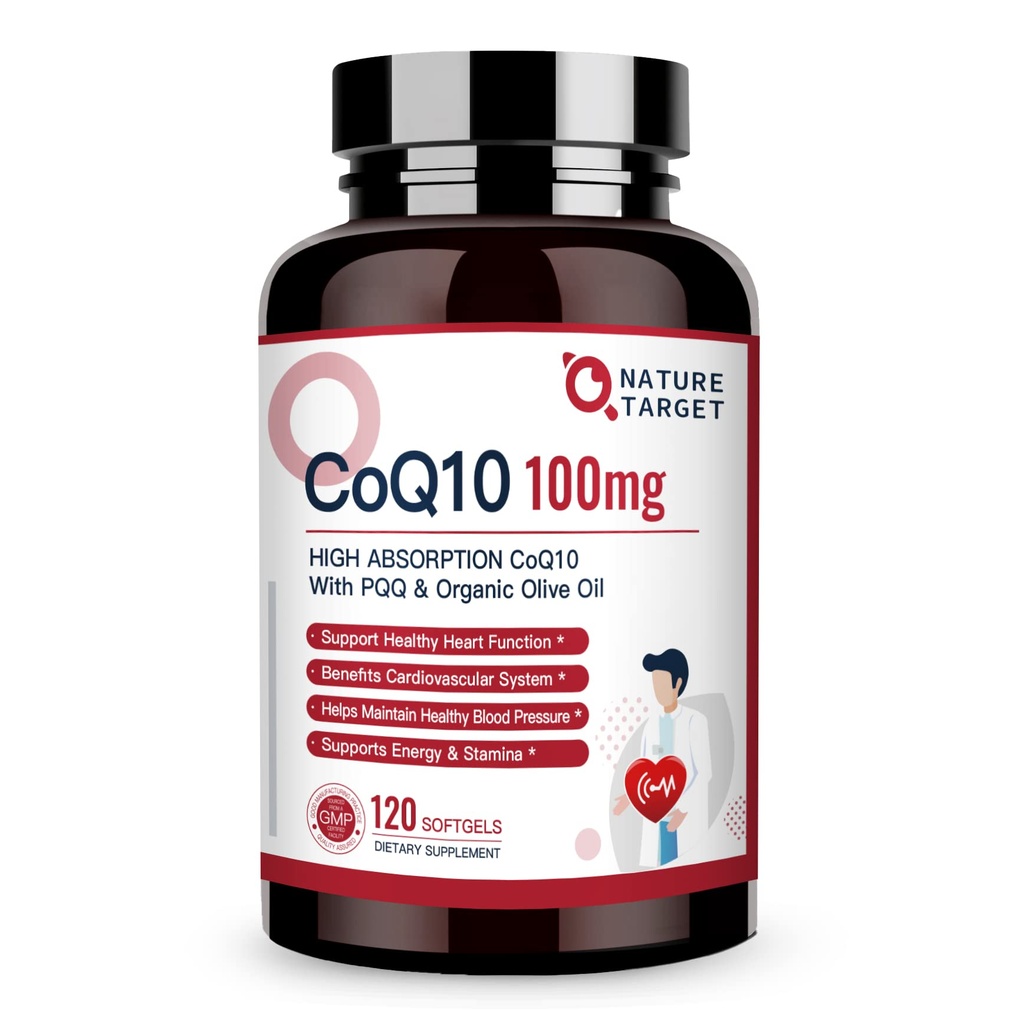 NATURE TARGET CoQ10-100mg-Softgels med 10 mg PQQ - høy absorpsjon Coenzym-Q10 med organisk-Olive-Oil - Antioksidant for hjerte og hjerne helse, Cellular-Energy-Produksjon, 120 serveringer