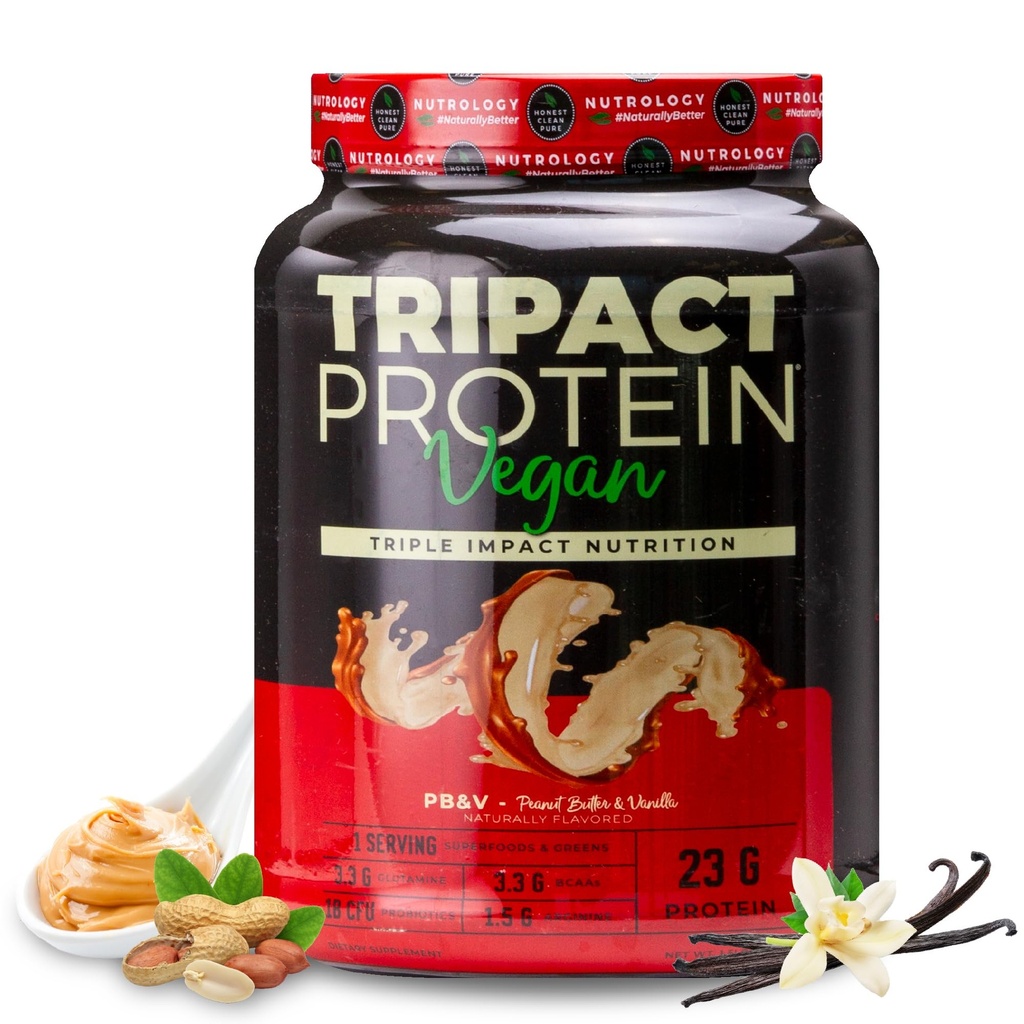 Nutrologi TRIPACT Vegansk Protein pulver - Organisk Pea, Ris & Pumpkin Protein, BCAA & Glutamin Plantebasert Måltid Replacement Shakes for Muscle Recovery & Immunity, Peanut Smør & Vanilla, 20 Services