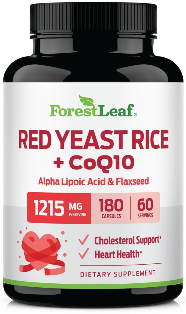 ForestLeaf rød yeast ris med CoQ10 Supplement - 1215mg ekstra styrke rød yeast ris kapsler med Alfa Lipoic Acid & organisk flaksfrø, Citrenin gratis - 180 kapsler