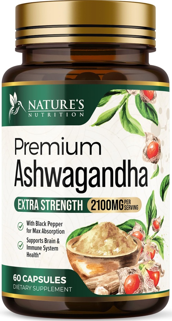 Ashwagandha Supplements - 2100mg Ashwagandha Kapsel for kvinner og menn, Naturlig Antioksidant Support, Ashwa Root Extract, Ekstra styrke rolig støtte med svart pepper, vegansk og glutenfri - 60 kapsler