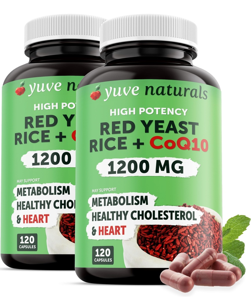 Rød Yest Rice 1200 mg Kapsler med CoQ10 - opprettholde sunne kolesterol nivåer, Herbal hjerte Helse Vegan rød yeast Rice Supplement - rød ris yeast med CoQ10 for kvinner og menn - 120 Ct (2-Pack)