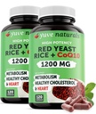 Rød Yest Rice 1200 mg Kapsler med CoQ10 - opprettholde sunne kolesterol nivåer, Herbal hjerte Helse Vegan rød yeast Rice Supplement - rød ris yeast med CoQ10 for kvinner og menn - 120 Ct (2-Pack)
