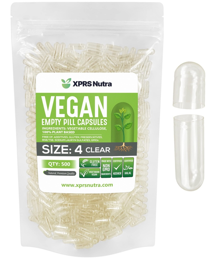 XPRS Nutra Størrelse 4 tomme kapsler - 500 telle Clear små tomme veganske kapsler - DIY grønnsaker Capsule Fylling - fyllelig gjøre-det-sjølv grønnsaker piller for kosttilskudd