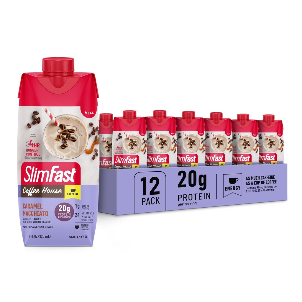 SlimFast Protein Shake med koffein, karamel Macchiato-20g Protein, måltidserstatningshake, høyprotein med lav carb og lav sukker, 24 vitaminer og mineraler, 12 tel (pakke med 1)