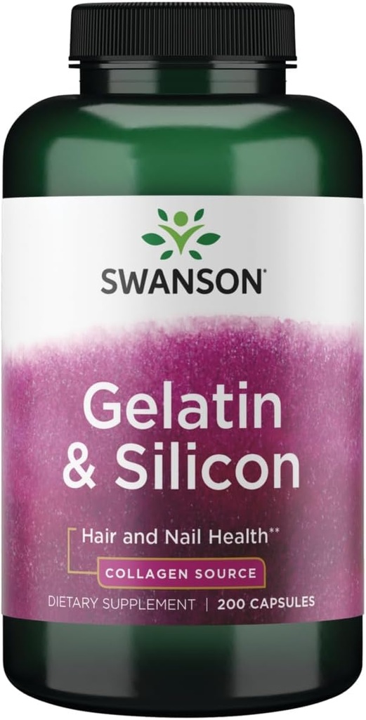 Swanson Gelatin og Silicon - kollagenproteiner som støtter sunnt hår og negler - hjelper med å levere vitale mineraler for sterke negler og tykkt hår - 20 mg silikon og 1,08 gram gelatin - (200 kapsler)