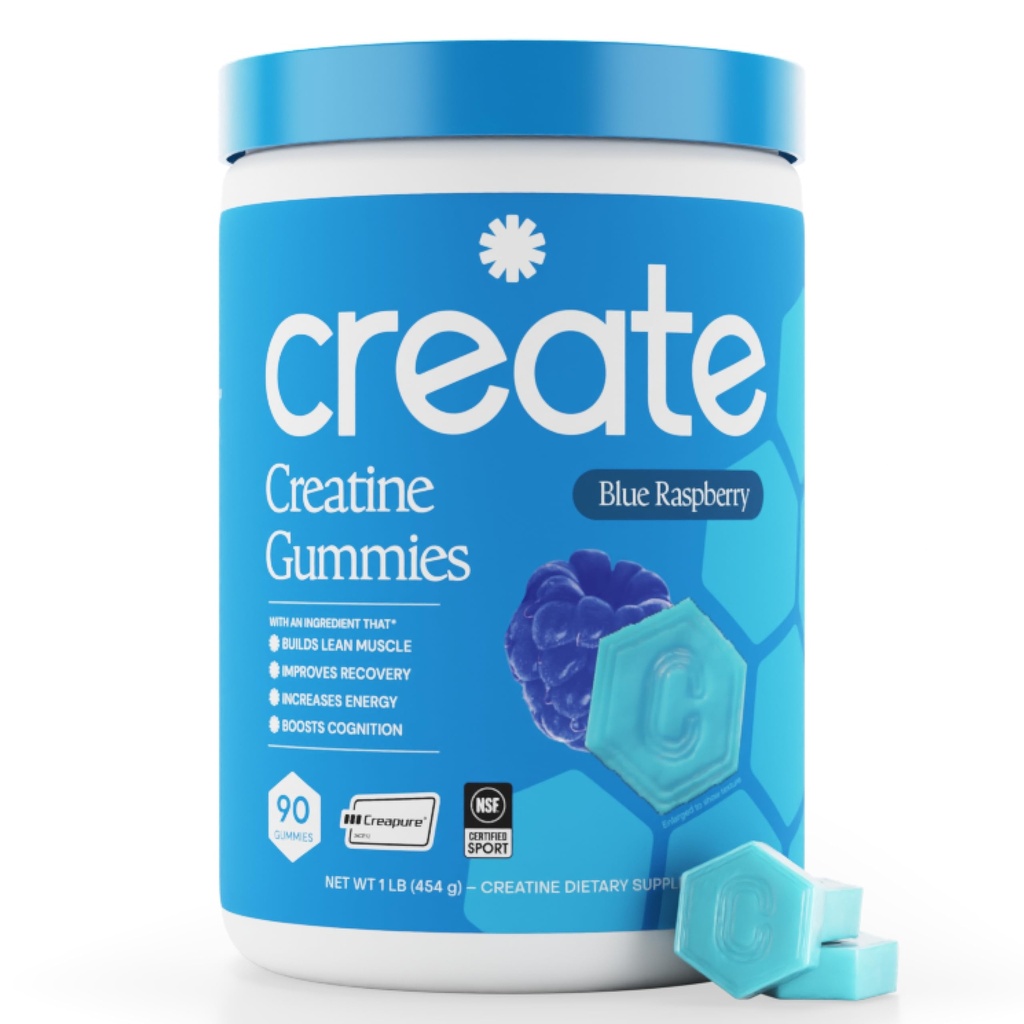 Opprette Kreatin Monohydrat Gummies for menn og kvinner, Økt fokus, styrke, og utholdenhet, Anti-Melting formel, Vegansk, Glutenfri, Ikke-GMO, 1,5 g kreatin per gummy (blå bringebær, 90 ct)