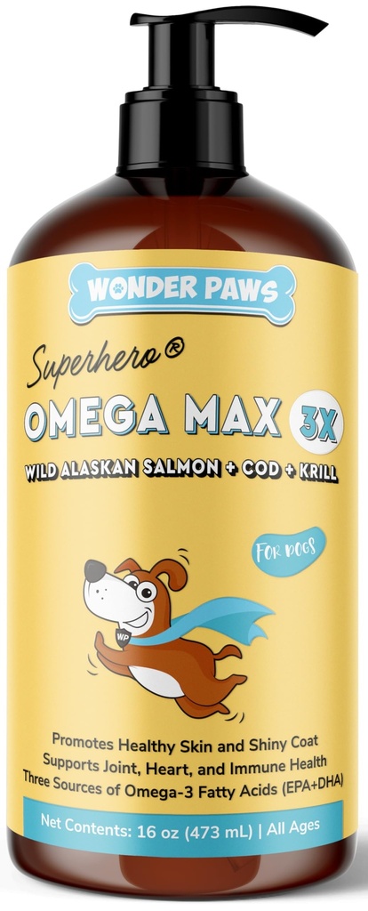 Wonder Paws fiskeolje for hunder - Omega 3 for hunder fra Alaskan Salmon, Cod & Krill Oil - EPA DHA fettsyrer - Mindre shedding og kløe - hud, felles, immun og hjerte helse - flytende Supplement (16 oz)