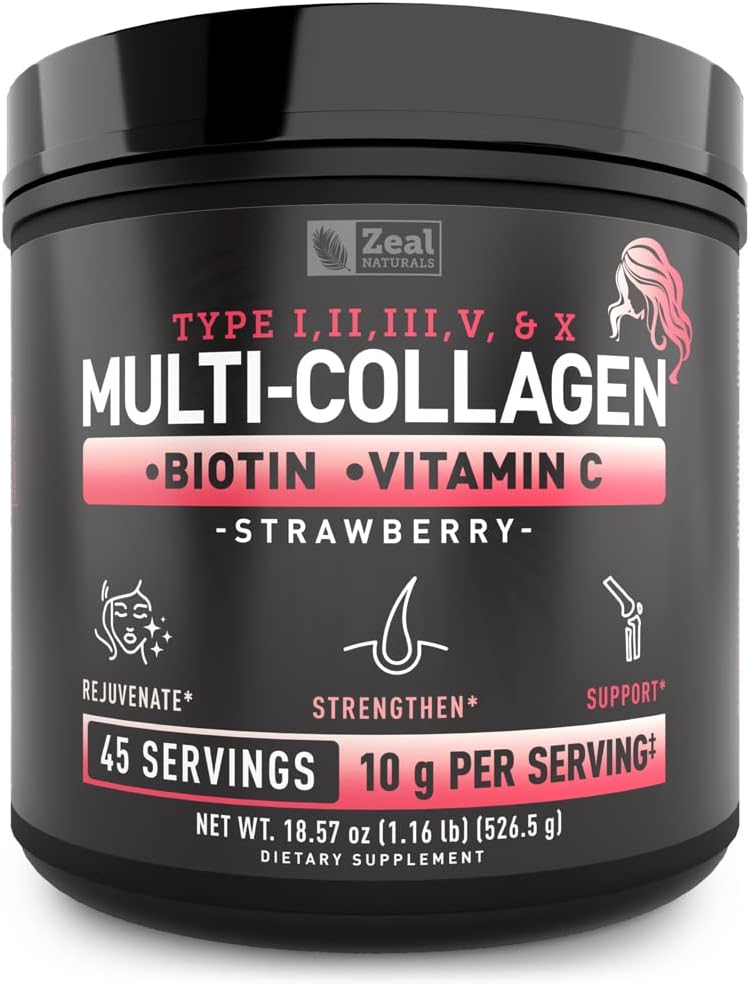 Premium Multi collagen Peptides Protein pulver (1, 2, 3, 5 & 10) med vitamin C, Biotin, Hyaluronsyre, for hår hud og negler - Marine, Bovine, Kylling og eggskal (Strawberry, 45 serveringer)