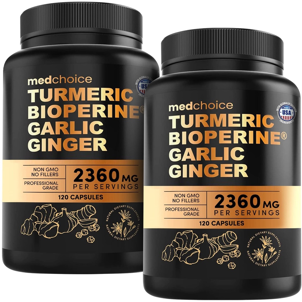 4-i-1 gurkemeie og hvitløkstilskudd med BioPerine – 2360mg gurkemeie Ginger Root Capsules med hvitløk – høy potens herbal blanding (120 ct, pakke med 2)