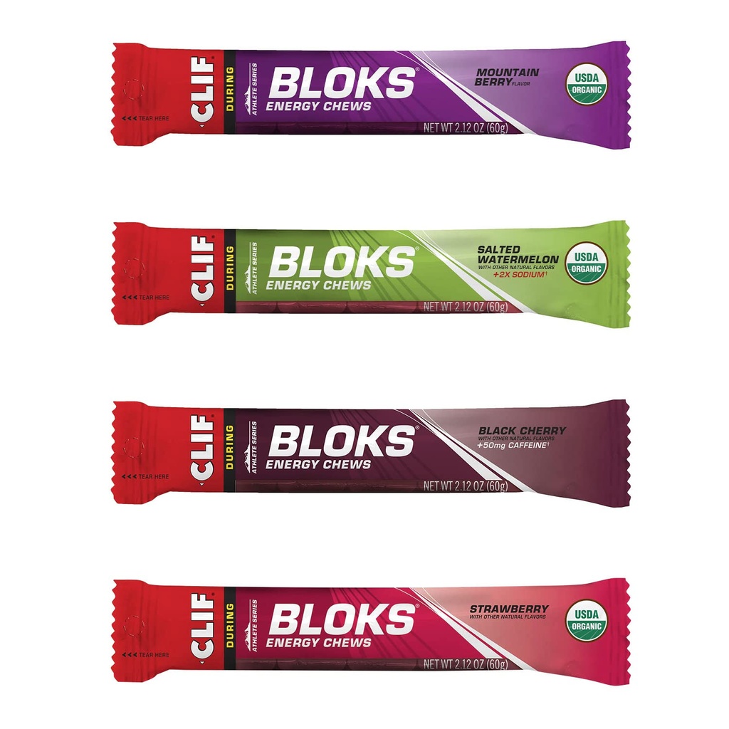 CLIF BLOKS - Energi Chews - 4 Flavor Variety Pack - Ikke-GMO - Plantebasert mat - Raske karbohydrater for sykling og løp - Trening Snack (2,1 Ounce Packet, 12 grev)
