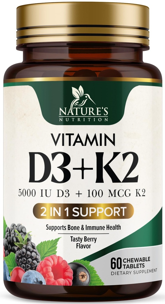 Vitamin D3 K2 Supplement | 5000 IU D3 + K2 100 mg | MK-7 K2 med vitamin D | Støtter immun, hjerte, tenner og bein helse - Naturens lette å Chew, VIT D3 K2, Non-GMO, Tasty Berry Flavor - 60 tabletter