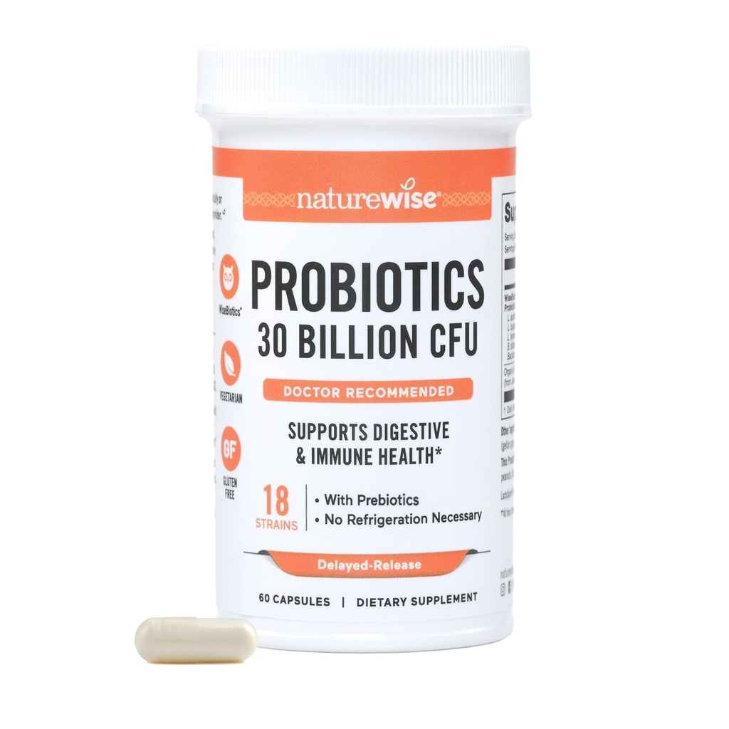 NatureWise Max Probiotika for kvinner og menn - 30 milliarder CFU 18 Strains med prebiotika - For Gut & Digestive Helse - Forsinket-Super Capsules, Glutenfri - 60 Kapsler[2-måneders Supply]