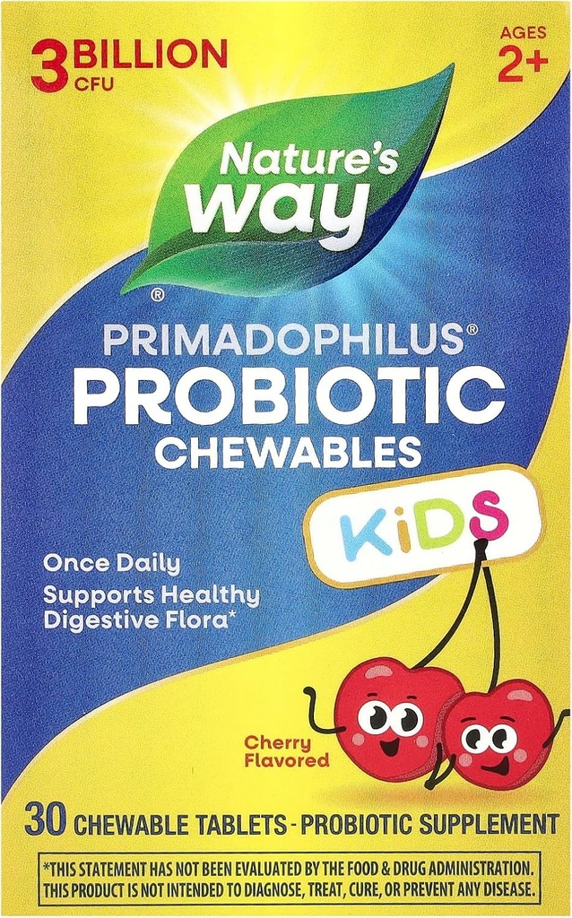 Naturens måte Primadofilis Probiotiske Chewables for barn, støtter sunn Digestive Flora*, for barn i alderen 2+, 3 milliarder CFU, 30 Cherry flavored Chewables (Packaging May Vary)