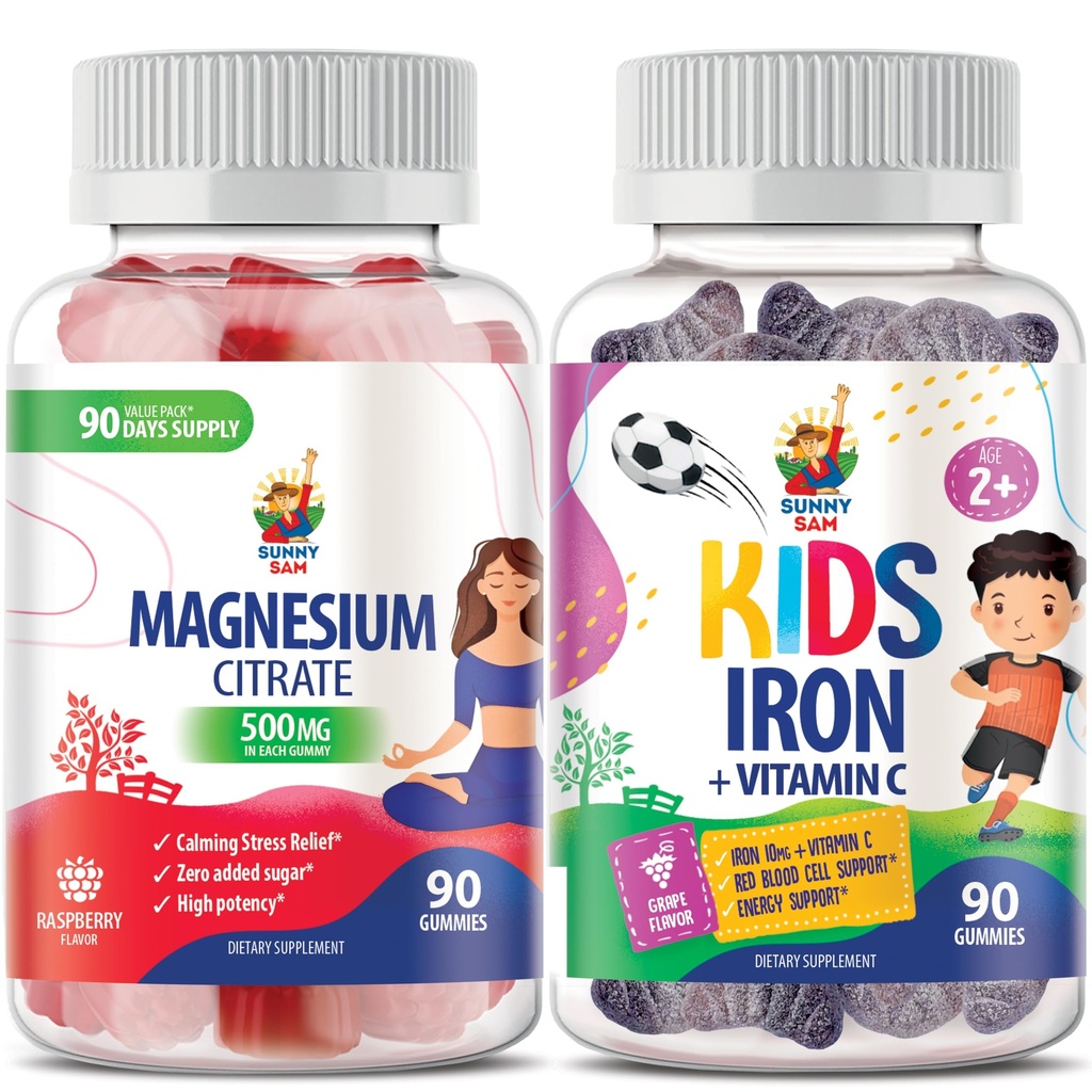 SUNNY SAM jern gummer for barn og voksne og magnesium gummer for voksne - 500 mg - rolig magnesium Chews - Magnesium citrate Chewable Supplement for humør og muskel støtte. Jernvitaminer med vitamin C.